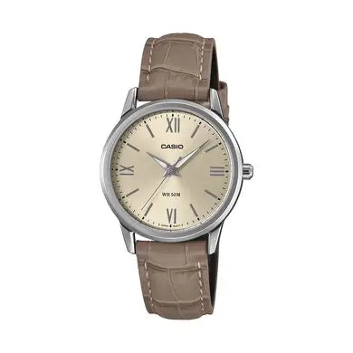 Casio LTP-1303LL-7A women’s analog watch with silver dial and black leather strap, elegant minimalist design wristwatch from Casio Enticer series for formal and casual wear. Main image