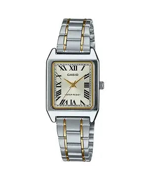 Gold-tone Casio LTP-V007SG-9B women’s analog watch with stainless steel bracelet and rectangular dial on white background showing elegant minimalist design. Main image