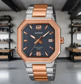Casio MTP-B195RG-2A men’s analog watch with stainless steel strap and rose gold dial accents showing elegant luxury wristwatch design on white background. Main image