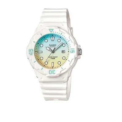 Casio LRW-200H-2E2 women’s analog sport watch with white dial, black resin strap, rotating bezel, and 100-meter water resistance designed for everyday and outdoor use.