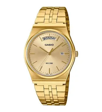 Casio MTP-B146G-9A men’s analog watch with gold dial and stainless steel bracelet, elegant minimalist dress wristwatch for formal and casual wear. Main image