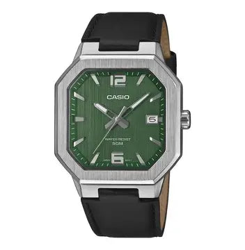 Casio MTP-B195L-3A men’s analog watch with green dial and brown leather strap elegant wristwatch close-up view