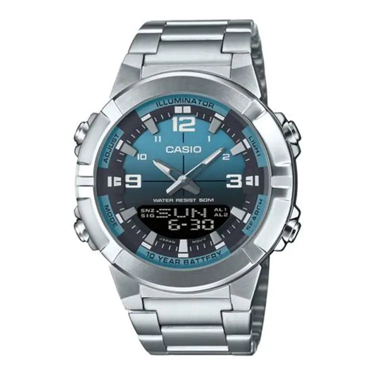 Casio AMW-870DA-2A2 stainless steel analog digital men’s watch with blue dial and silver strap Main image