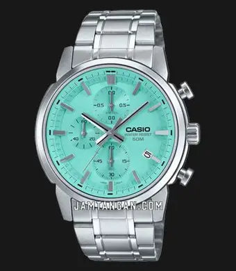 Casio MTP-E510D-2A2 men’s silver stainless steel analog watch with date display and multi-dial elegant design