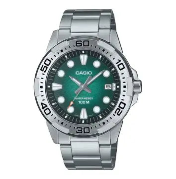 Casio MTD-140D-3AV men's stainless steel watch with green analog dial and 100M water resistance