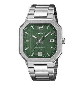 Casio MTP-B195D-3A men’s stainless steel analog watch with silver dial, date display, and elegant minimalist design Main image