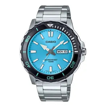 Casio MTD-125D-2A3V men's stainless steel analog watch with blue dial, date display, and 100M water resistance Main image