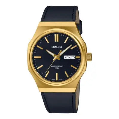 Casio Enticer MTP-E735GL-1A men’s analog watch with black dial, gold-tone case, and brown leather strap Main image