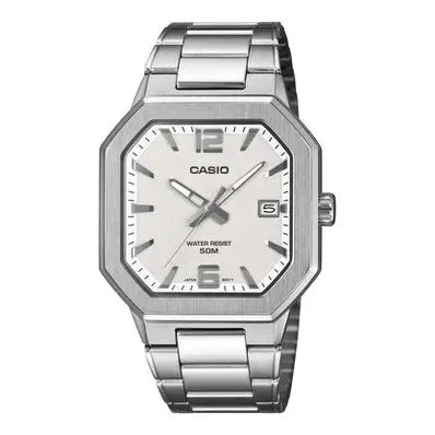 Casio MTP-B195D-7A men’s silver stainless steel analog watch with minimalist dial and elegant bracelet design on white background