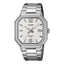 Casio MTP-B195D-7A men’s silver stainless steel analog watch with minimalist dial and elegant bracelet design on white background