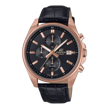 Casio Edifice EFV-610ECL-1A men's black dial rose gold chronograph leather strap watch Main image