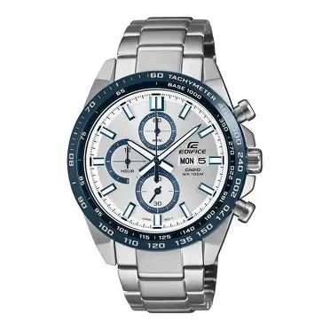Casio Edifice EFR-574DE-7A men's white dial stainless steel chronograph watch with blue tachymeter bezel Main image