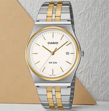 Casio MTP-B145SG-7A men’s analog stainless steel watch with silver dial and gold accents minimalist design Main image