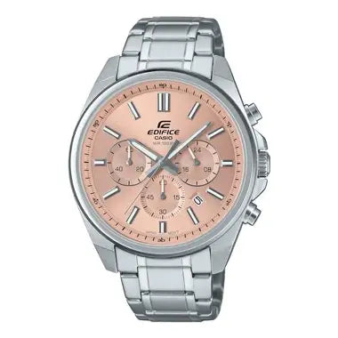 Casio Edifice EFV-650D-4A men's salmon pink dial stainless steel chronograph watch