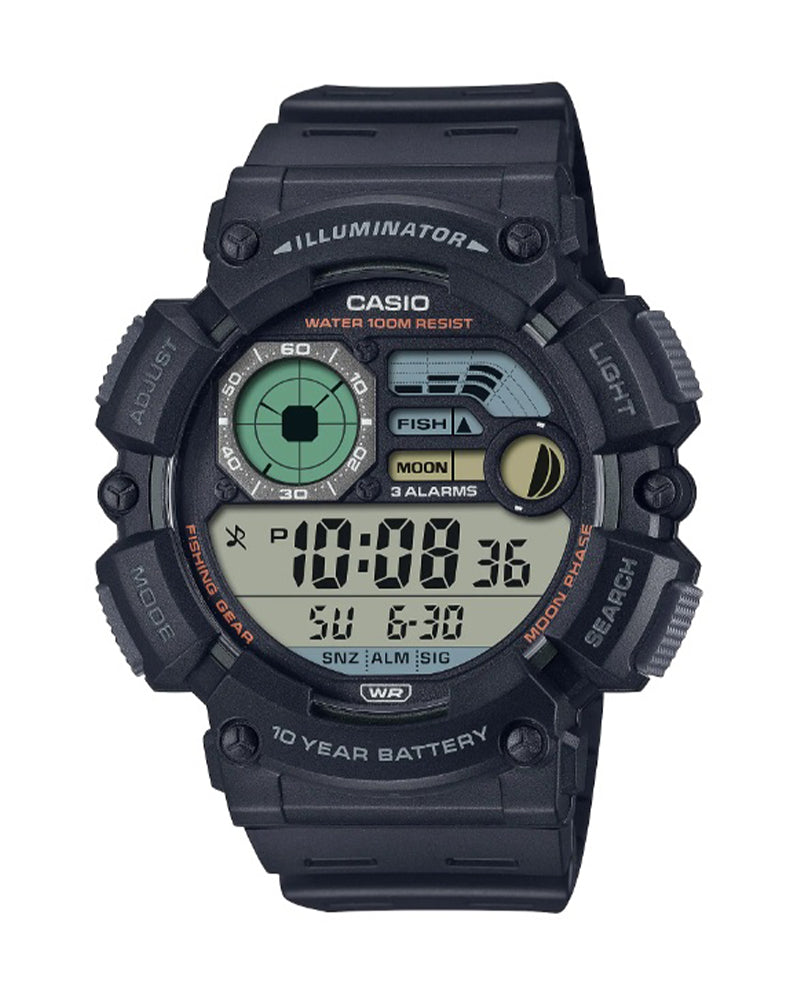 WS-1500H-1A men's digital sports watch with black resin strap and water resistance.