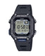 Black Casio digital watch with step tracker on a white background