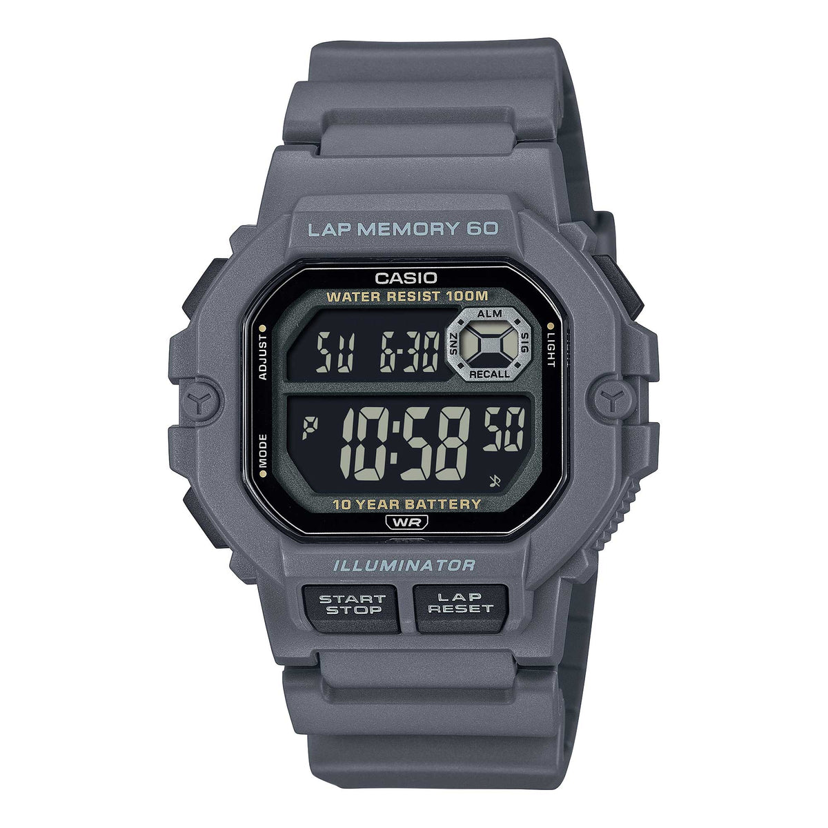 Casio WS-1400H-8B digital sports watch with grey resin strap, LED light display, and water-resistant durable design
