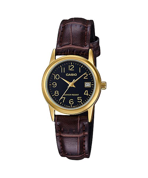 Casio LTP - V002GL - 1B Women's Gold Tone Leather Band Easy Reader Dial Date Watch - Zamana.pk
