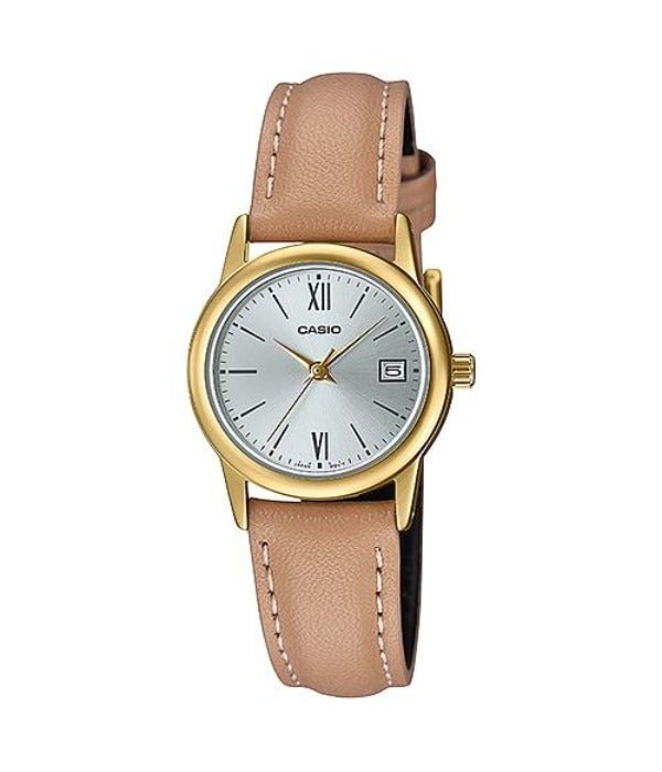 Casio LTP - V002GL - 7B3UDF Women's Gold Tone Leather Band Easy Reader Dial Date Watch - Zamana.pk
