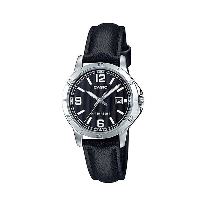 Casio LTP - V004L - 1B Women's Black Leather Band Black Dial Date Analog Dress Watch - Zamana.pk Main image