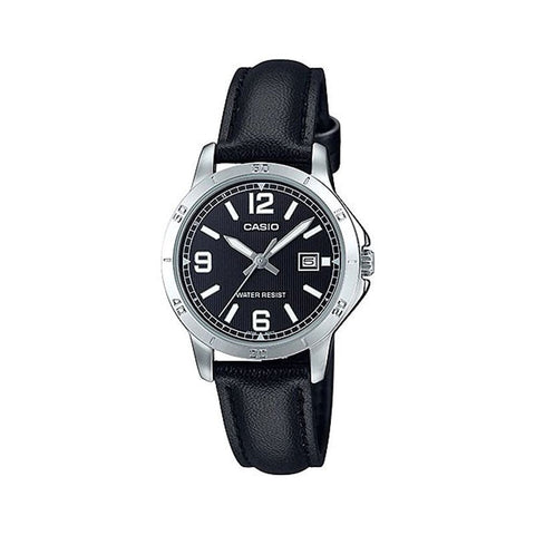 Casio LTP - V004L - 1B Women's Black Leather Band Black Dial Date Analog Dress Watch - Zamana.pk