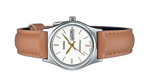 Casio LTP - V006L - 7B2 Women's Brown Leather Band White Dial Day Date Analog Dress Watch - Zamana.pk