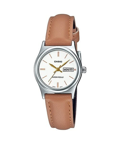 Casio LTP - V006L - 7B2 Women's Brown Leather Band White Dial Day Date Analog Dress Watch - Zamana.pk