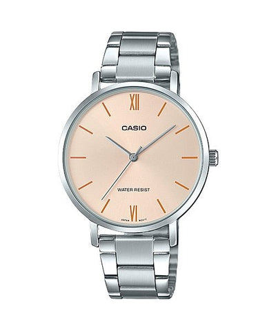 Casio LTP - VT01D - 4B Women's Minimalistic Stainless Steel Peach Dial Analog Watch - Zamana.pk