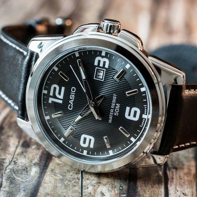 Casio Men's MTP - 1314L - 8AV Black Leather Quartz Watch with Black Dial - Zamana.pk Main image