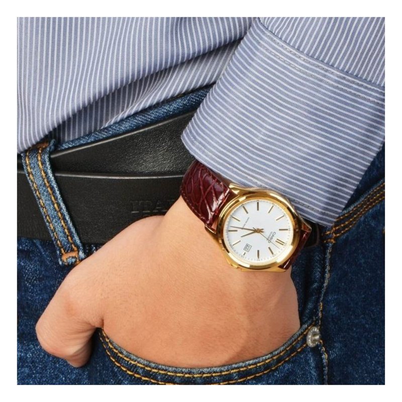 Casio MTP - 1183Q - 7A Men's Gold Analog Dress Watch w - Croc - Leather Band & Date - Zamana.pk