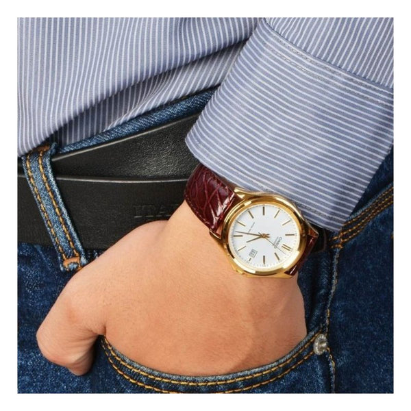 Casio MTP - 1183Q - 7A Men's Gold Analog Dress Watch w - Croc - Leather Band & Date - Zamana.pk