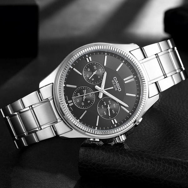 Casio MTP - 1375D - 1AVDF Men's Metal Band Fluted Bezel Multifunction Black Dial Watch - Zamana.pk