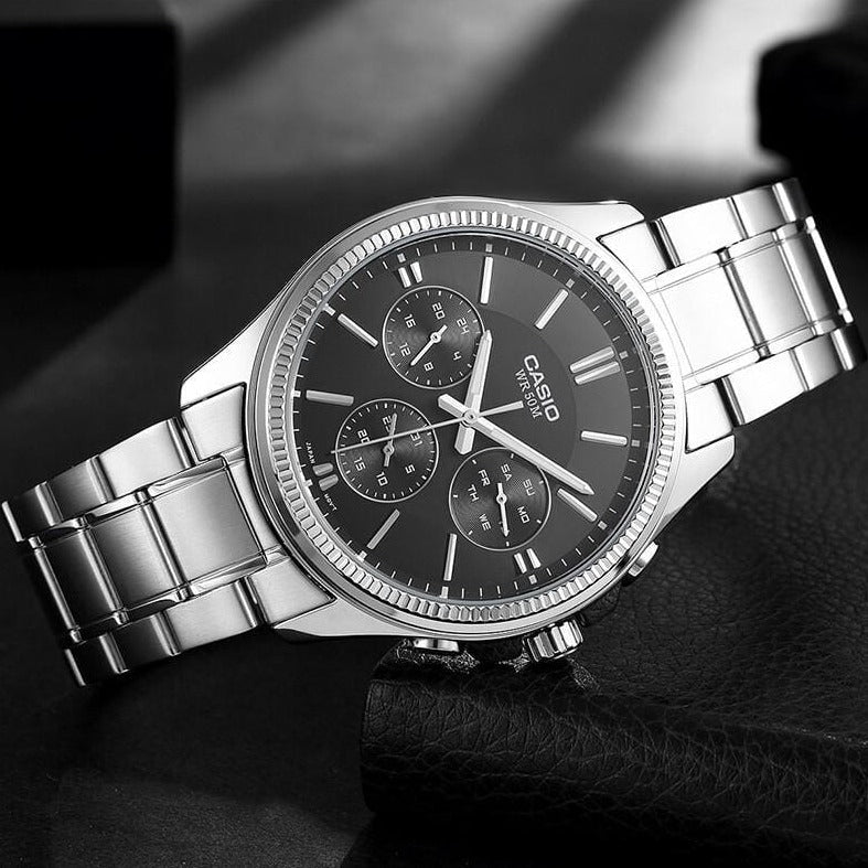 Casio MTP - 1375D - 1AVDF Men's Metal Band Fluted Bezel Multifunction Black Dial Watch - Zamana.pk