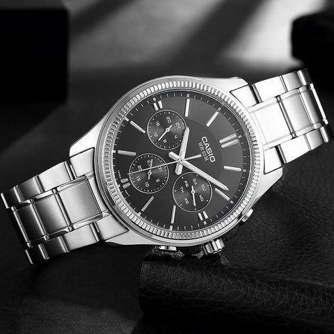 Casio MTP - 1375D - 1AVDF Men's Metal Band Fluted Bezel Multifunction Black Dial Watch - Zamana.pk