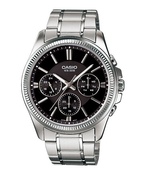 Casio MTP - 1375D - 1AVDF Men's Metal Band Fluted Bezel Multifunction Black Dial Watch - Zamana.pk