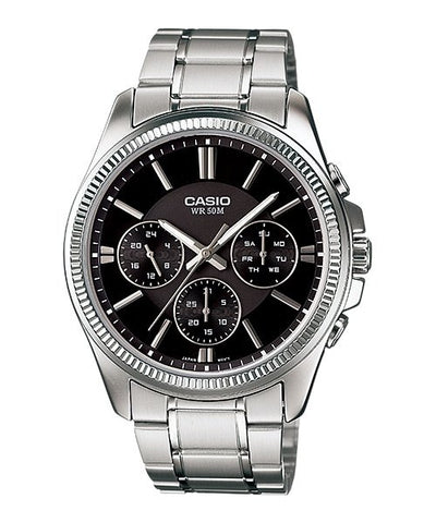 Casio MTP - 1375D - 1AVDF Men's Metal Band Fluted Bezel Multifunction Black Dial Watch - Zamana.pk