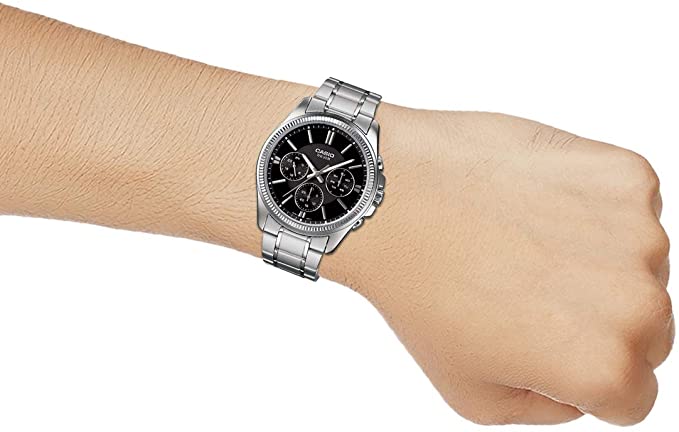Casio MTP - 1375D - 1AVDF Men's Metal Band Fluted Bezel Multifunction Black Dial Watch - Zamana.pk