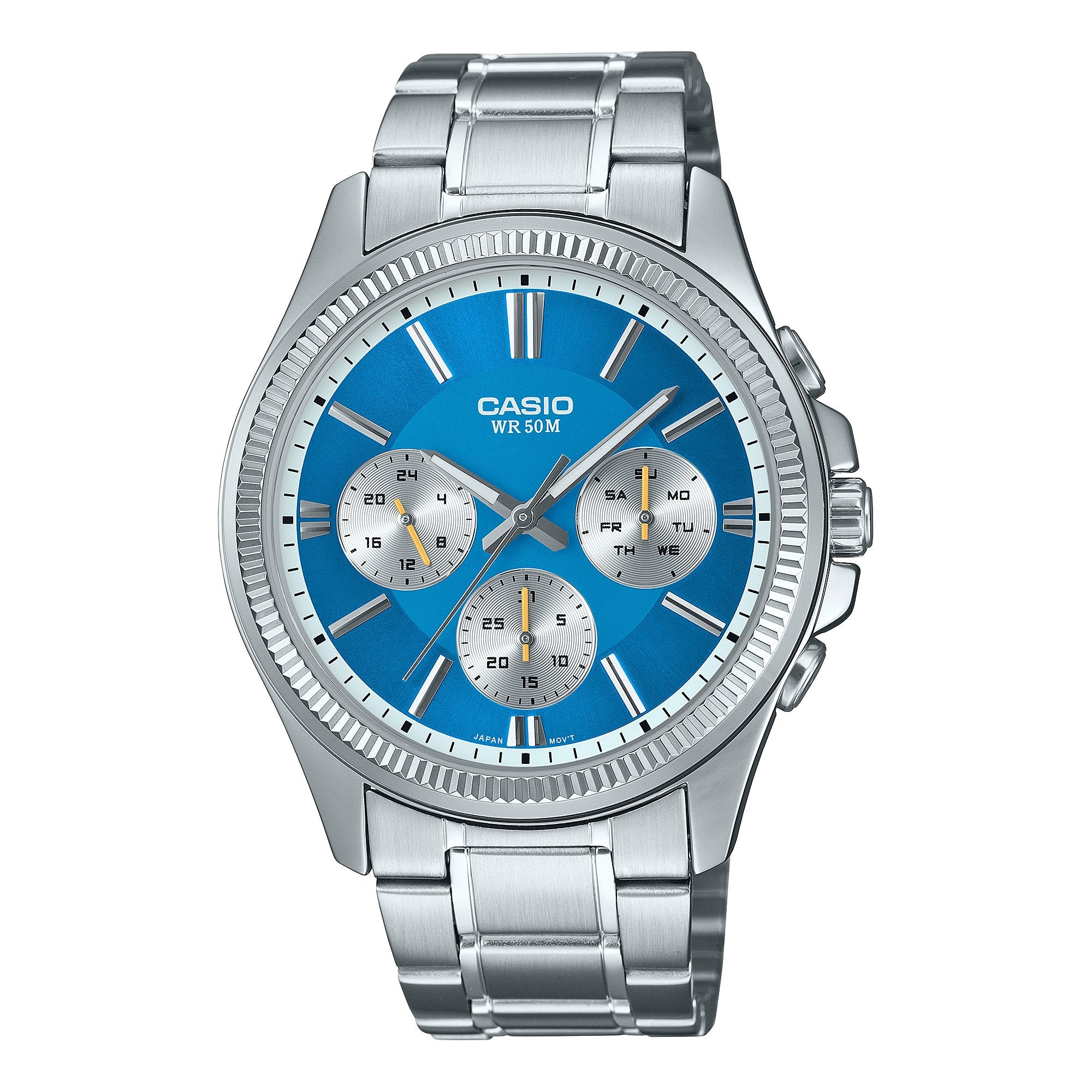 Casio MTP - 1375D - 2A2VDF Stainless Steel Band Multifunction Sky Blue Dial Watch - Zamana.pk Main image