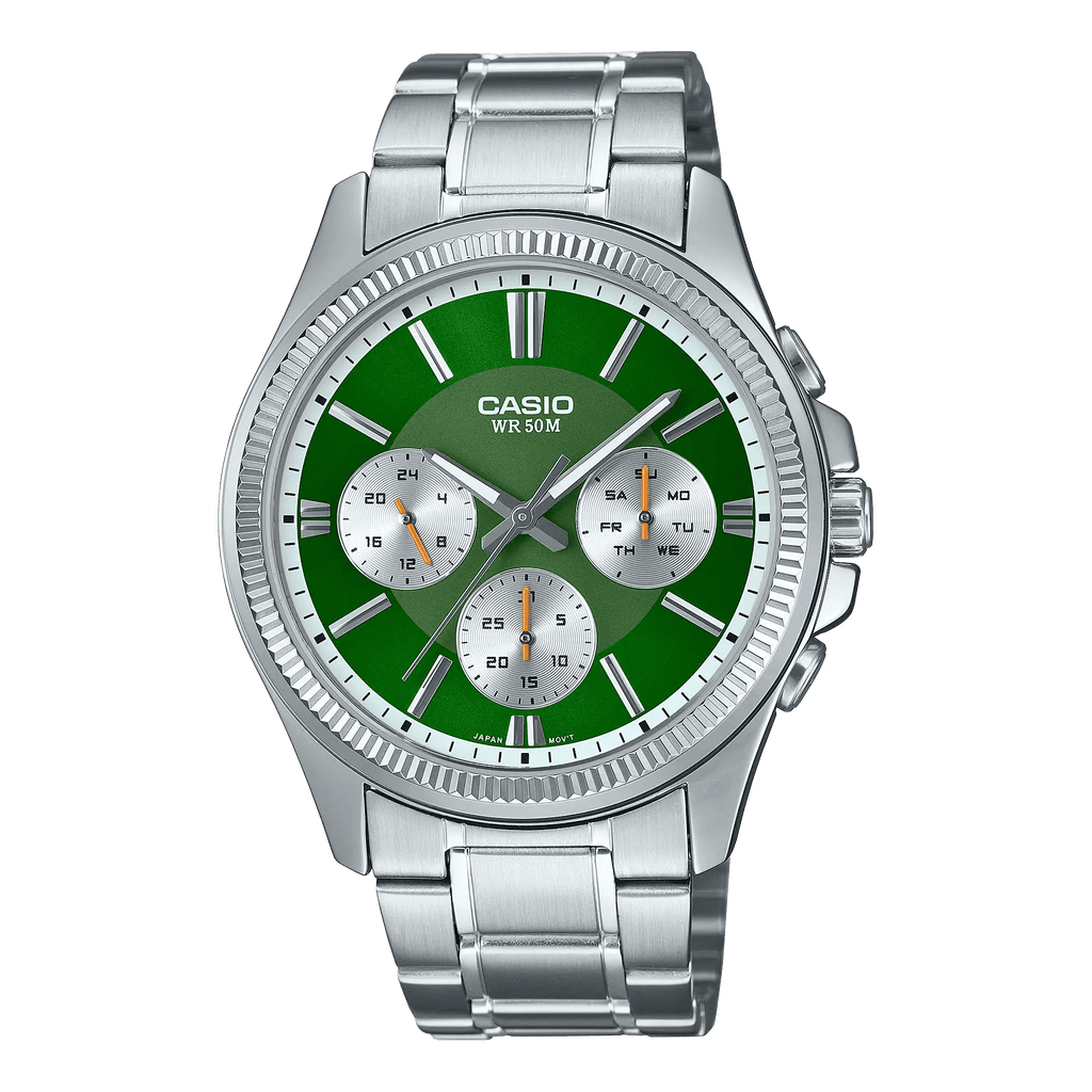 Casio MTP - 1375D - 3AVDF Men's Metal Band Multifunction Green Dial Watch - Zamana.pk