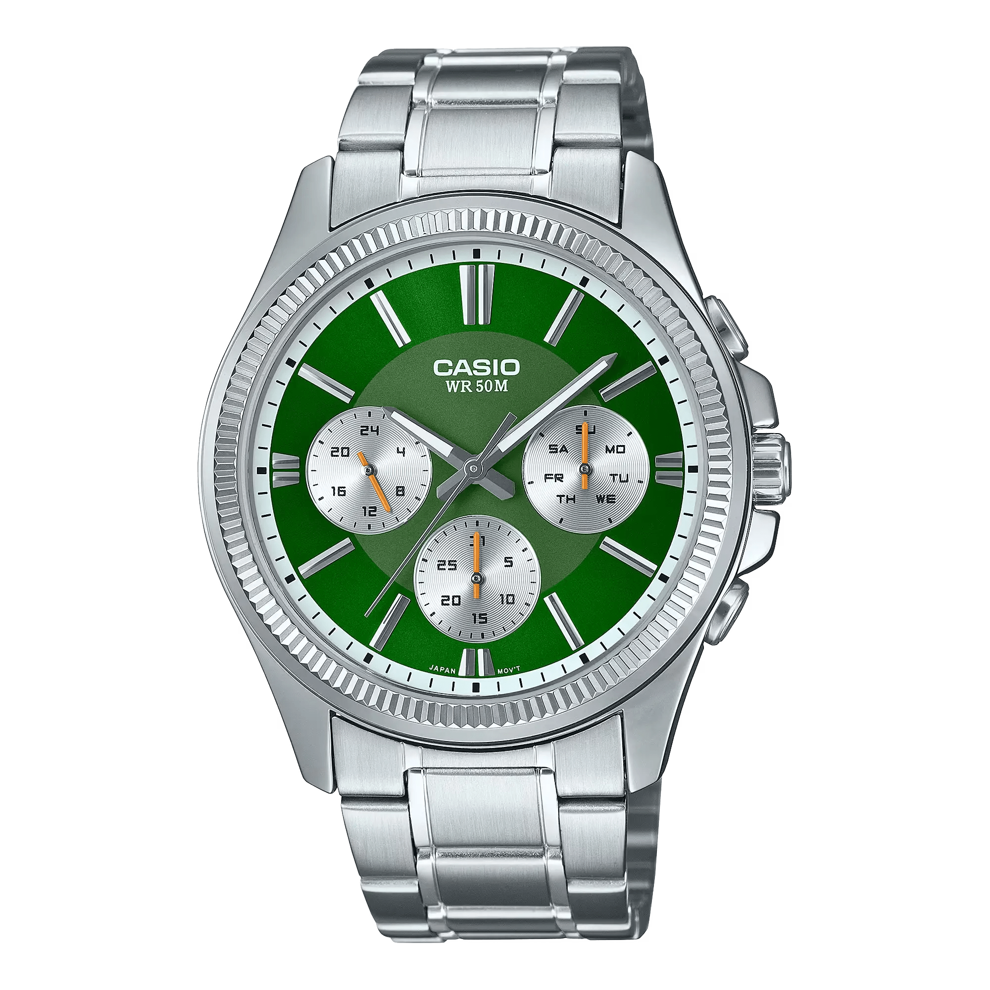 Casio MTP - 1375D - 3AVDF Men's Metal Band Multifunction Green Dial Watch - Zamana.pk Main image
