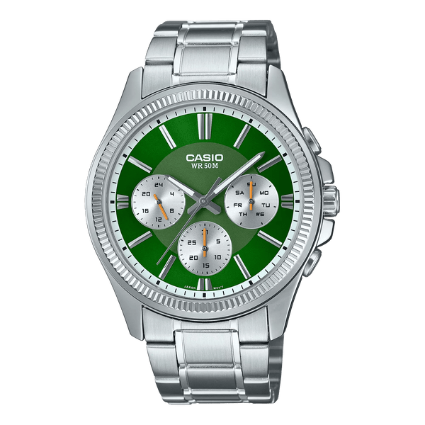 Casio MTP - 1375D - 3AVDF Men's Metal Band Multifunction Green Dial Watch - Zamana.pk