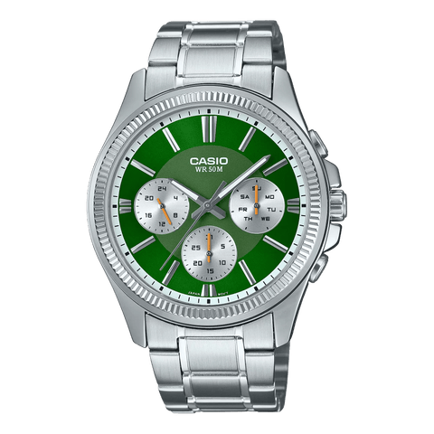 Casio MTP - 1375D - 3AVDF Men's Metal Band Multifunction Green Dial Watch - Zamana.pk