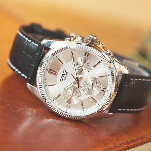 Casio MTP - 1375L - 7AVDF Black leather Strap Water Resistant Date day Men's Watch - Zamana.pk