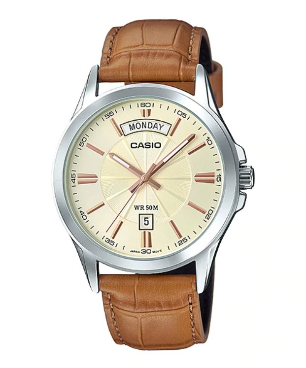 Casio MTP - 1381L - 9AV Men's Classic Leather Band 50M Day Date Gold Dial Watch - Zamana.pk