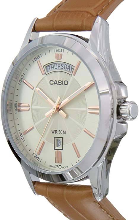 Casio MTP - 1381L - 9AV Men's Classic Leather Band 50M Day Date Gold Dial Watch - Zamana.pk