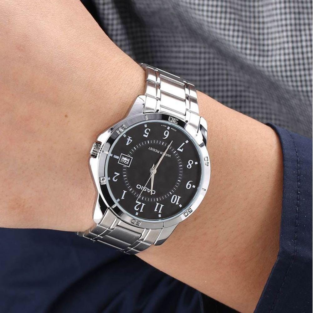 Casio MTP - V004D - 1B Mens Stainless Steel Watch Black Dial Date ANALOG Display - Zamana.pk