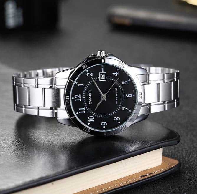 Casio MTP - V004D - 1B Mens Stainless Steel Watch Black Dial Date ANALOG Display - Zamana.pk Main image