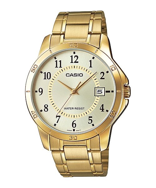 Casio MTP - V004G - 9BUDF Men's Standard Gold Tone Stainless Steel Gold Dial Date Watch - Zamana.pk