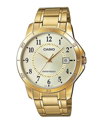 Casio MTP - V004G - 9BUDF Men's Standard Gold Tone Stainless Steel Gold Dial Date Watch - Zamana.pk