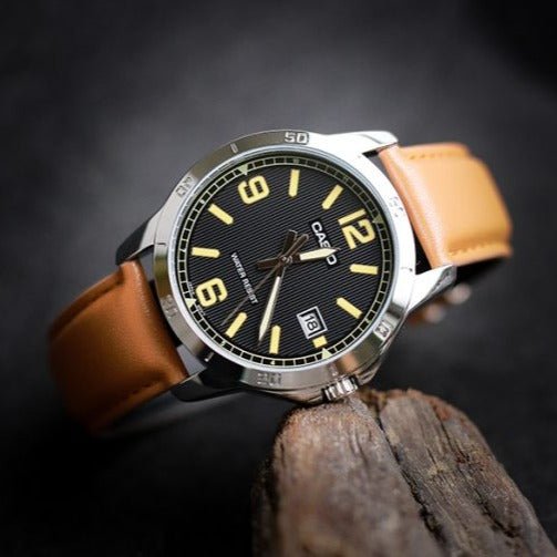 Casio MTP - V004L - 1B2 Men's Stainless Steel Brown Leather Band Black Dial Date Watch - Zamana.pk